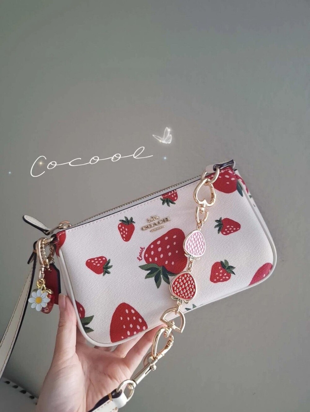 New Coach Nolita 19 With Strawberry Print CH533 + Extended  Strawberry chain